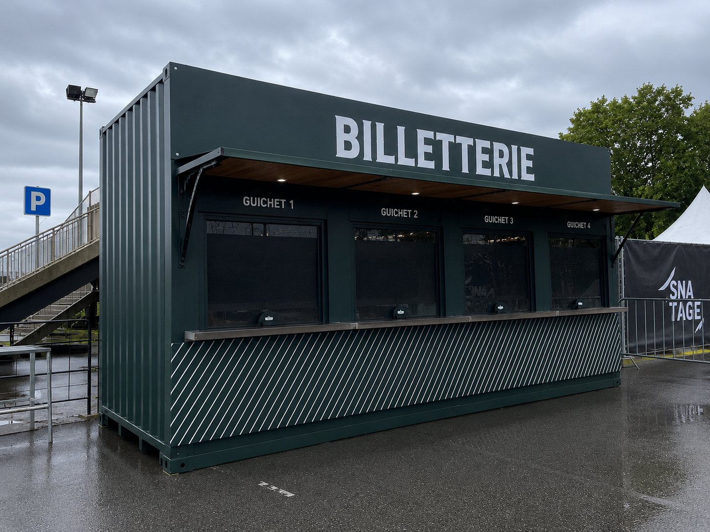 Billetterie festival container vert 4 guichets